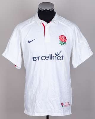 Dan Luger white No.11 England v. Wales match worn short-sleeved rugby shirt, 2001