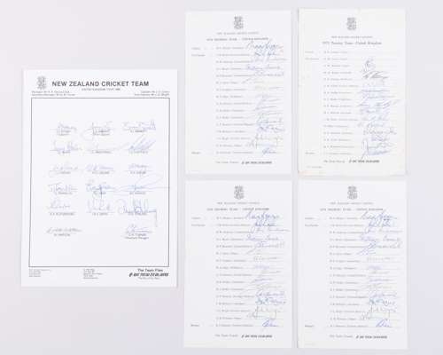 Five New Zealand cricket team autographed United Kingdom touring team sheets