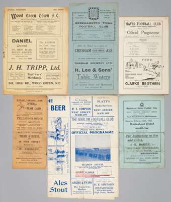 Marlow FC collection of programmes 1920-30s,
 includes 1921-22 (3) v Brixton; 1922-23 (7) v Yiewsley; 1930-31 (3) v Maidenhead; 1931-32 (7) v Staines;