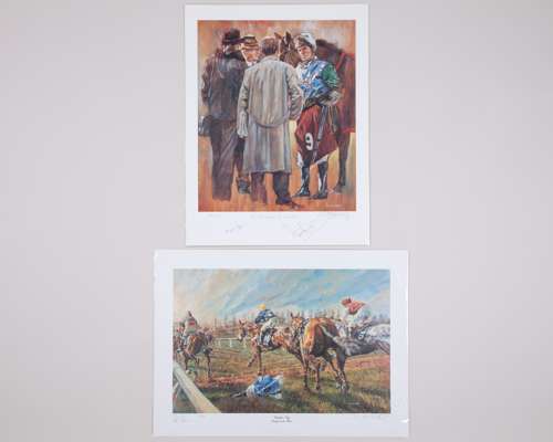 Two autographed horse racing limited edition prints by David Dent (British, b.1959)
