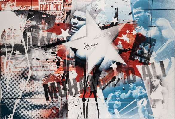 A large German print on canvas featuring and signed by Muhammad Ali and his daughter Laila Ali,  

his signature in black mark pen, her signature in s