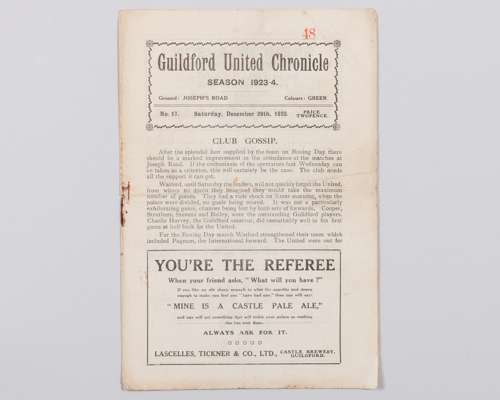 Guildford United v. Arsenal match programme, 29th December 1923