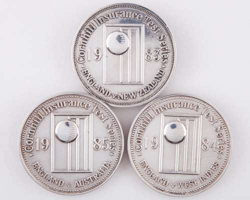 Dickie Bird three white-metal Cornhill Insurance England Test Series medals, 1983-85