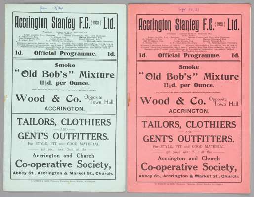 Two Accrington Stanley home programmes season 1923-24,
 F.L. Division Three North fixture v Wolverhampton Wanderers and Charlton Athletic F.A. Cup 1st