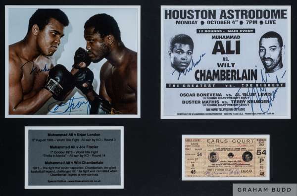 Muhammad Ali signed tribute boxing presentation display v Joe Frazier, v Brian London and v Wilt Chamberlain, 
 featuring a signed colour photograph o