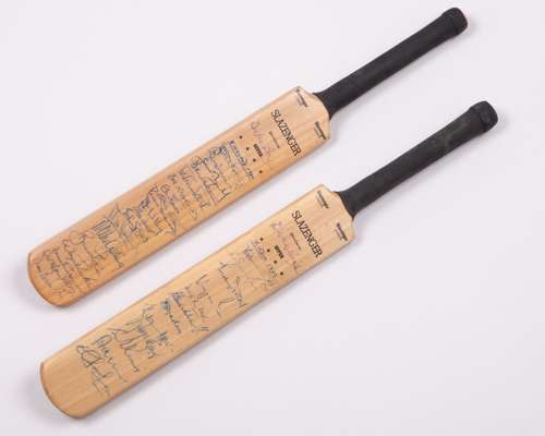 Dickie Bird England 1980 and India 1980 autographed miniature cricket bats