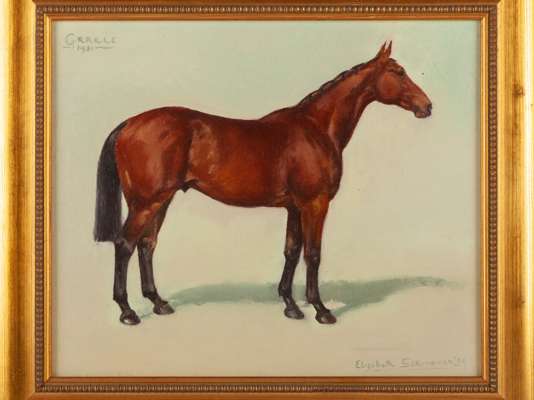 Oil painting of the 1931 Grand National winner Grackle by Elizabeth Scrivener.