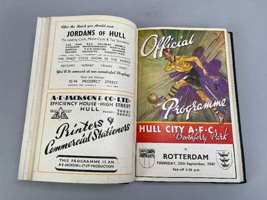 Bound volume of Hull City home match programmes, 1947-48 from Lincoln City, 31st August to New Brighton, 7th June 1947 including league, F.A.Cup, Rott