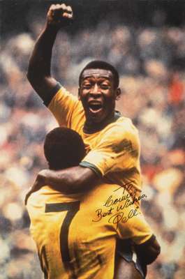 Large Canvas print depicting the famous Pele celebration of Brazil's 100th Competition goal from the 1970 World Cup,
 the picture was signed by Pele t