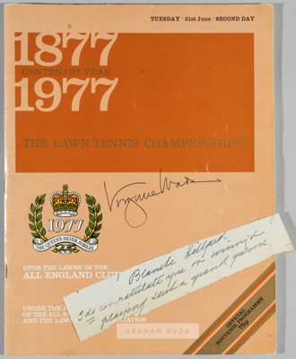 Autographs of the British ladies tennis champions Virginia Wade and Blanche Hillyard,
 the first on a Wimbledon tennis programme for 1977, signed by t