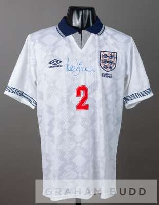 Lee Dixon signed white England No.2 Euro 1992 jersey, 
 by Umbro, short-sleeved with embroidered England three lion badge EURO '92 SWEDEN, and sponsor