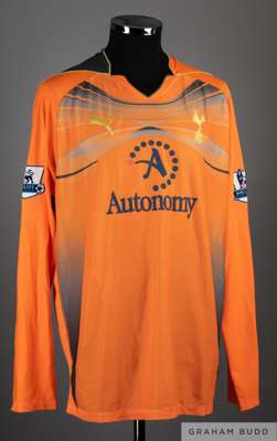 Heurelho Gomes orange and grey No.1 Tottenham Hotspur match worn goalkeepers shirt, 2010-11, 
 Puma, XL, with v-neck collar and embroidered badge, the