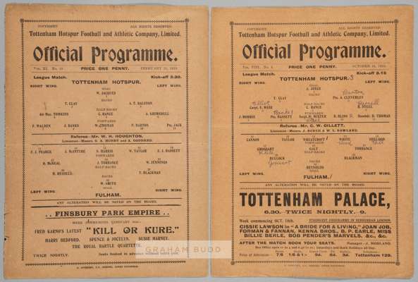 Two Tottenham Hotspur wartime match programmes v Fulham, 
 comprising v Fulham 16th October 1915 and v Fulham 22nd February 1919, each single double s