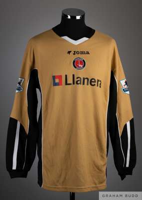 Scott Carson gold and black No.38 Charlton long sleeved goalkeeper shirt 2006-07, 
 Joma, size XL, crew neck with embroidered cloth badge inscribed CH