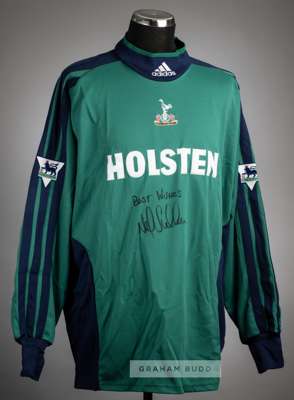 Neil Sullivan signed green and navy Tottenham Hotspur no.1 goalkeeper's home jersey, season 2001-02,
 Adidas, long-sleeved with THE FA PREMIER LEAGUE 