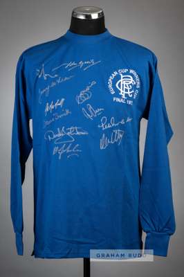 Rangers FC team-signed blue 1972 European Cup Winners' Cup Final retro jersey,
 long-sleeved, embroidered EUROPEAN CUP WINNERS CUP FINAL 1972 with clu