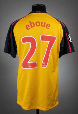 Emmanuel Eboue orange, navy & red Arsenal UEFA Champions League no.27 away jersey, season 2008-09,
 match issue, Nike, short-sleeved with UEFA STARBAL