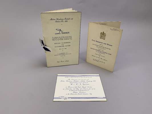 Two Bolton Wanderers 1958 F.A. Cup Winners menu cards, comprising 3rd May 1958 held at the Cafe Royal, bearing four autographs with invitation card an