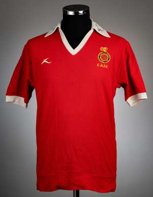 Ray Lugg red Crewe Alexandra no.4 home jersey, season 1976-77,
 Maker possibly Bukta, short-sleeve with embroidered club crest and C.A.F.C., white win