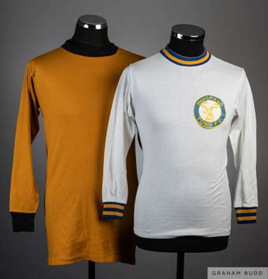 Two vintage football jerseys,
 comprising an amber Burton Albion un-numbered jersey, by Dynamo, mid 1960s, long-sleeved, size 40; together with white 