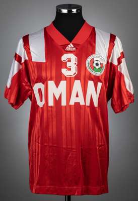 Red & white Oman no.3 international jersey, circa 1996,
 match-issue, Adidas, short-sleeved with national emblem badge, front and reverse numbered 3, 