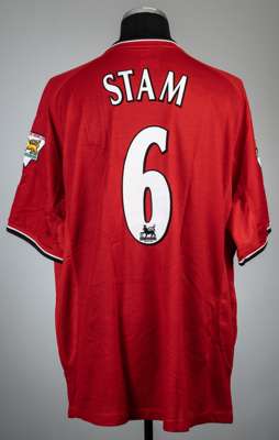 Jaap Stam red Manchester United no.6 home jersey, season 2001-02,
 Umbro, short-sleeved with THE FA PREMIER LEAGUE CHAMPIONS 2000-01 sleeve badges, cl