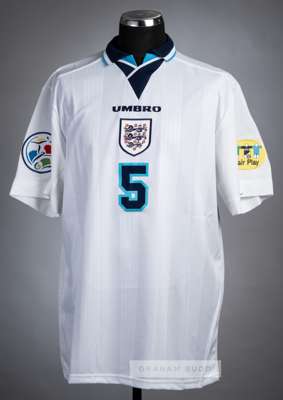 Tony Adams white England No.5 Euro '96 jersey,
 tournament issued, Umbro, short-sleeved with FAIR PLAY and EURO 1996, sleeve badges, embroidered with 