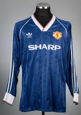 Blue Manchester United no.11 third choice jersey, division one season 1989-90,
 Adidas, long-sleeved, with embroidered club crest and sponsor logo, re