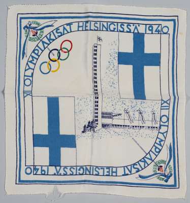 Helsinki 1940 Cancelled Olympic Games souvenir handkerchief,
 featuring the Olympic rings and Finland flag with XII OLYMPIAKISAT HELSINGISSA 1940 and 