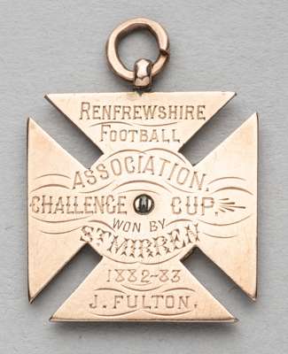 Renfrewshire Football Association Challenge Cup winner's medal awarded to St Mirren's J. Fulton 1882-83,
 obverse with a footballer engraved in a roun