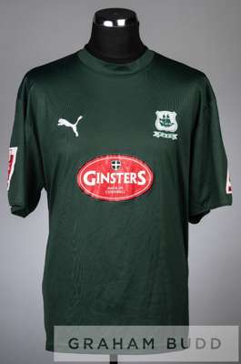 Rory Fallon green and white Plymouth Argyle no.14 away jersey, season 2007-08,
 short-sleeved with Coca Cola Football League sleeve badges, club crest