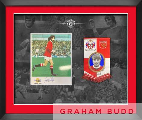George Best Manchester United signed & framed photograph / original 1970's pennant display,
 features a hand signed Westminster Autographed Editions P
