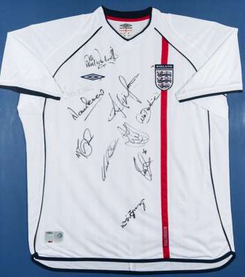 An England replica shirt signed by 10 capped internationals who have played for West Ham United during their playing careers, including Phil Parkes, M