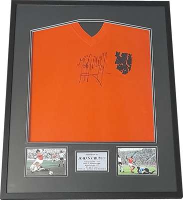 Johan Cruyff orange Holland / Netherlands 1974 World Cup replica jersey, signed and framed, 
 features bold autograph in black sharpie to front of shi