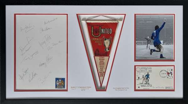 Manchester United 1968 European Cup Winners signed & mounted display featuring full team signed A4 page, 
 original 1968 pennant with the players name