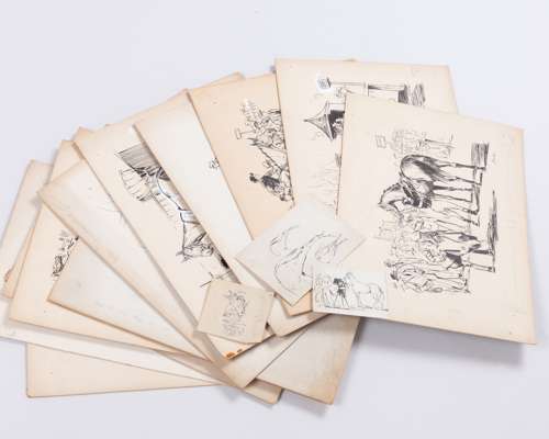 Folio of fourteen original drawings for horse racing illustrations for publishing