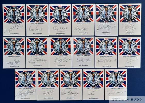 England 1966 World Cup winners set of 17 signed Jules Rimet cards, 
 the eighteen autographs are Geoff Hurst, Martin Peters, Gordon Banks, Roger Hunt,