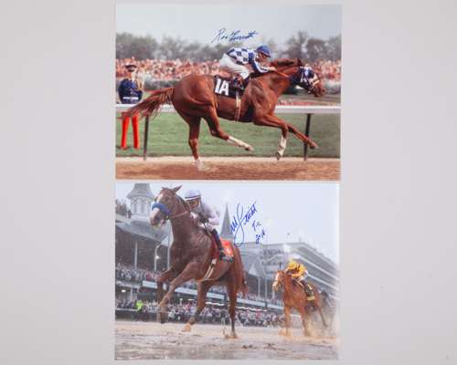 Two colour photos signed by Triple Crown winning jockeys Ron Turcotteand Mike E. Smith