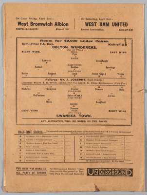 F.A. Cup semi-final programme Bolton Wanderers v Swansea Town, played at Tottenham Hotspur's White Hart Lane ground, 27th March 1926,
 4-page orange p