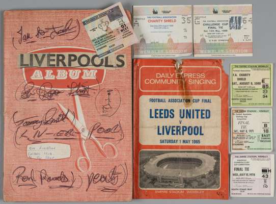 Large box of programmes, scrapbooks, some ticket stubs etc., 
 mostly relating to Liverpool including home and away match programmes from 1960s, stuck