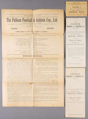 A good collection of Fulham FC ephemera,
 comprising: Directors' reports from 1909 and 1910 and a Share Prospectus dated 19th June 1903 offering 15,00