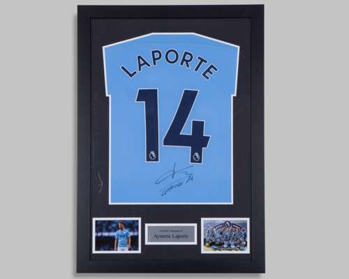 Aymeric Laporte autographed blue No.14 Manchester City replica shirt display, 2019-20