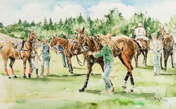 Gordon King (contemporary) POLO MATCH signed, watercolour, the image 35 by 56, mounted, framed & glazed, Halcyon Gallery label pasted to backboard, ov
