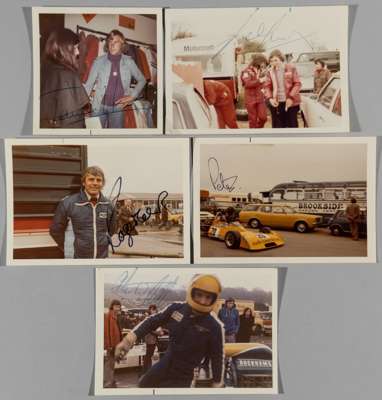 Five signed colour photographs of Motor Racing legends, 
 including James Hunt, Roger Clerk, and Noel Edmonds, and two other, each signed in ink, (5)
