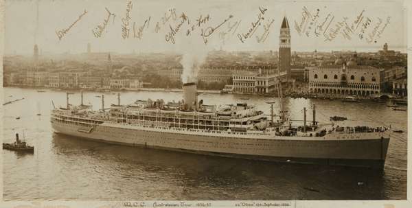 A signed sepia photograph of the S.S. Orion on the M.C.C Australasian tour 1936-37, dated 12th September 1936, 
 signed by 9 squad members in black in