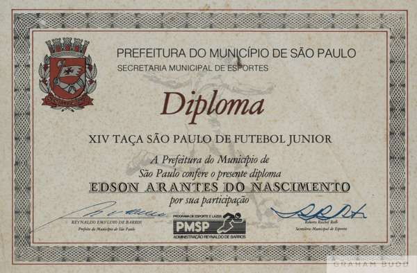A framed paper certificate presented to Pelé by the city of São Paulo, Brazil, 
 and the São Paulo municipal secretary of sports for his participation