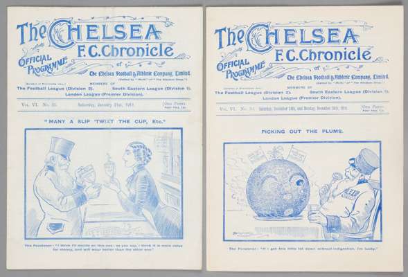 Two Chelsea home programmes season 1910-11, 

F.L. Division Two fixtures, v Gainsborough Trinity 24th December, a combined programme covering a reserv