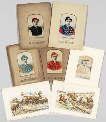 Three stevengraphs of the jockey Fred Archer circa 1886,
 the first in the Royal Colours of HRH The Prince of Wales, one in the colours of "Mr Manton"