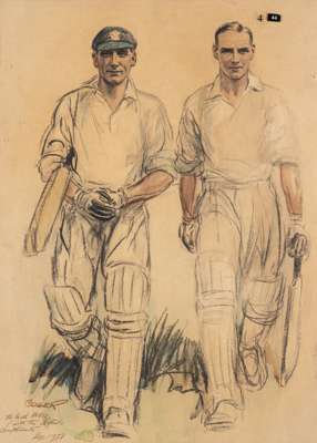 Henry Coller (British, 1886-1956), Surrey and England cricketers Jack Hobbs and Herbert Sutcliffe watercolour, dated 1938,
 watercolour and charcoal d