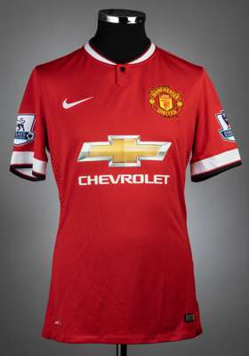 Ashley Young red Manchester United no.18 home jersey, season 2014-15,
 match-issue, Nike, short-sleeved with BARCLAYS PREMIER LEAGUE sleeve badges, cl